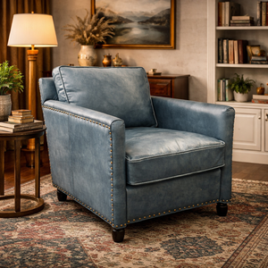 Fauteuil en bois avec revêtement en cuir, structure robuste, coussin confortable, style classique élégant, chaise de salon - Product Image 1