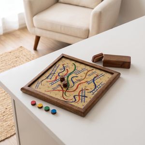 Jeu de serpents et d'échelles en bois avec des pièces en bois colorées et des dés, design classique - Product Image 2