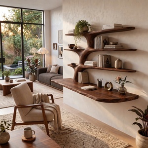 Bureau mural contemporain en bois artisanal Luxali avec étagère en forme d'arbre, plusieurs étagères et tiroir pour bureau à domicile - Product Image 3