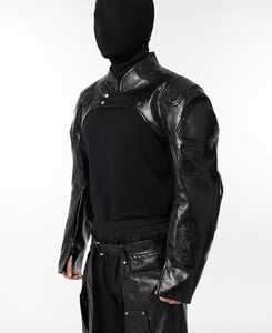 Men's <b>Black</b> PU Leather Moto Jacket Mandarin Collar Windproof Slim Fit Regular Length Solid Color Belt Closure - Product Image 4