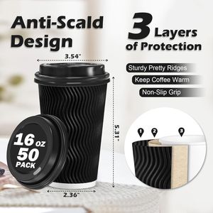 Paquete de 50 Vasos Desechables para Café de 16 oz con Tapas, Vasos de Papel Corrugado Resistentes a Desgarros para Llevar, Incluye Pajitas - Product Image 2