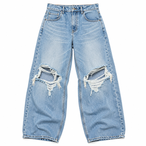 Jean évasé bleu clair en denim à ourlet brut, délavé, cinq poches, style streetwear décontracté, vente en gros, fournisseur OEM de vêtements - Product Image 5