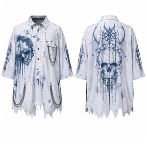Gothic Printed Men's Shirt With Skull Pattern Three Quarter Sleeve Turn-Down Collar Casual Loose Fit With <b>Chains</b> And Ripped Hem - Product Image 1