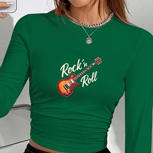 Camiseta de manga larga con cuello redondo para mujer, con estampado de guitarra de rock'n'roll, estilo Y2K, tejida - Product Image 3