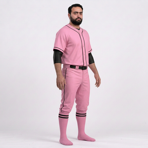 Ensemble de baseball rose uni respirant et antibactérien pour homme – Maillot à col en V et pantalon, manches courtes, fermeture boutonnée, coupe classique, personnalisable - Product Image 4