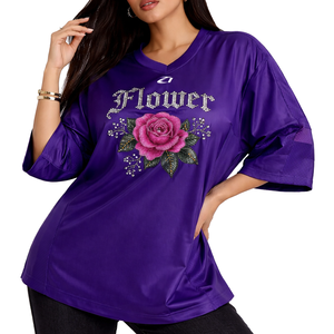 Oversized Custom Luxury Women's <b>Mesh</b> American Football Jersey T-shirts <b>Rhinestone</b> Floral Graphic Polyester Streetwear Style <b>Tops</b> - Product Image 6