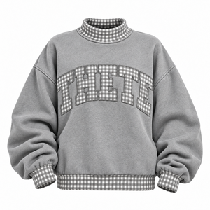 Sudadera Oversize de Cuello Alto para Mujer al por Mayor, con Parches de Cuadros y Vichy, de Tejido Grueso, Estilo Casual Universitario, Fabricante Personalizado - Product Image 6