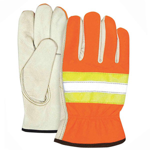 Reinforced Hi Vis Leather Workwear <b>Gloves</b> with Safety Cuff Comfortable Reflective Design for Industrial Use <b>Drivers</b> & Gardeners - Product Image 1