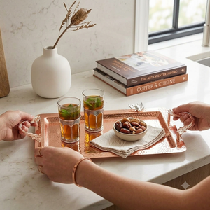 Handmade Hammered Copper Rectangular Serving <b>Tray</b> with Ornate Handles Large Food Platter Wholesale Home Hotel Restaurant Bulk - Product Image 2