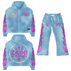 Ensemble de survêtement ZAINI pour homme en molleton de coton épais 350 g/m² respirant, style streetwear, blanc et rose, avec impression en relief personnalisée et sérigraphie - Product Image 1