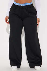 Pantalon de détente unisexe noir à jambe large avec taille contrastante en gingham, en maille décontractée, OEM, marque privée, pour hommes - Product Image 2