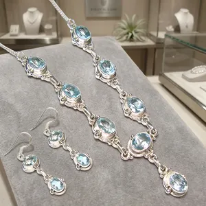 Conjunto de Joyería de Plata de Ley 925 con Topacio Azul, Collar y Pendientes Hechos a Mano para Mujer, Joyería de Piedras Preciosas al por Mayor - Product Image 2