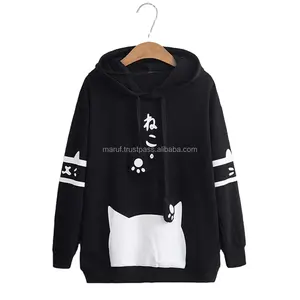 Hàng Mới Về Áo Hoodie Lông Cừu Cotton MSWWH09 Áo Chui Đầu In Hình Mèo Đen Tùy Chỉnh Áo Hoodie Bé Gái