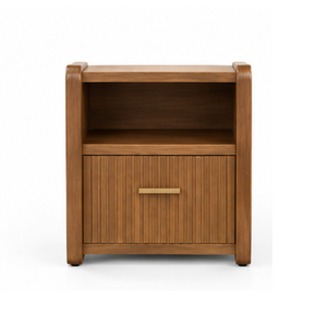 Solid Teak Wood Round Nightstand with 2 Drawers Modern Apartment <b>Bedroom</b> <b>Side</b> <b>Table</b> Brass Handle Furniture - Product Image 2