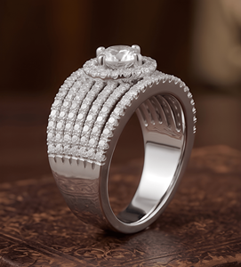 Multi Row Lab Grown Diamond 14kt Gold Rhodium Plated Brilliant Halo Cluster Wide Band <b>Ring</b> for Women | Engagement Wedding Gift - Product Image 3