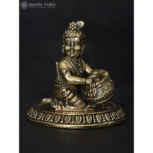 Sculpture en laiton de Krishna au beurre superfin de 3 pouces faite à la main pour la décoration intérieure, les cadeaux et les temples fabriqués en Inde - Product Image 1