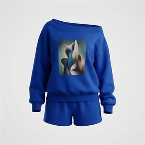 Women's Blue 2 Piece <b>Knitted</b> Sweatsuit <b>Set</b> With Abstract Print O-Neck Long Sleeve Loose Fit Casual Wear Above Knee Shorts - Product Image 1