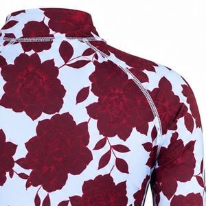 Kaos Golf Wanita Lengan Panjang Kerah Setengah Resleting Burgundy Sublimasi, Atasan Olahraga Bermotif Bunga untuk Latihan Luar Ruangan - Product Image 4