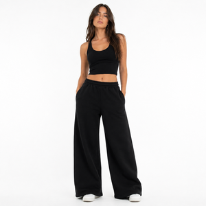 Pantalones Deportivos Casuales de Felpa para Mujer, Corte Regular, Pierna Ancha, Frente Plano, Poliéster/Algodón, Color Sólido, Marca Personalizada, Venta al Por Mayor - Product Image 1
