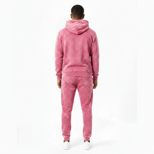 Custom Logo <b>Pink</b> Acid Wash Winter Tracksuit Men Heavyweight Fleece Breathable Windproof <b>Hoodie</b> Jogger Set OEM Service - Product Image 2