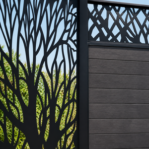 Portail d'entrée moderne en métal noir avec panneaux à lattes horizontales à motif d'arbre découpé au laser et design extérieur contemporain élégant - Product Image 5