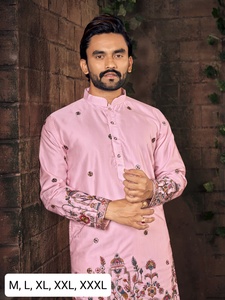 Pink Embroidered Kurta Set Men's Traditional Wedding Wear Knee-Length Silk Shirt with White <b>Pants</b> Indian Pakistani Attire - Product Image 4