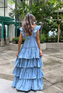 เดรสยาวสีฟ้าอ่อนแบบมีระบายหลายชั้น คอวี เปิดหลัง สไตล์โบฮีเมียน สำหรับฤดูร้อน ผลิตจากผ้าฝ้ายออร์แกนิคที่เป็นมิตรกับสิ่งแวดล้อม แขนระบาย จับสม็อคที่เอว เหมาะสำหรับใส่ไปชายหาด - Product Image 3