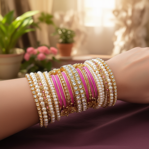 Gold Plated Crystal Stone Pearl <b>Bangle</b> <b>Set</b>-Fashion Jewelry - Product Image 3