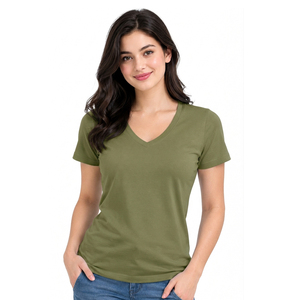Camiseta con cuello en V para mujer, algodón de primera calidad, informal, de manga corta, cómoda, ligera, transpirable, ropa de moda para mujer, venta al por mayor - Product Image 4