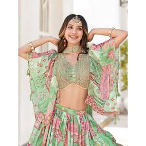 Vestido de Cóctel - Lehenga Choli Verde Pista con Bordado Chinon Dori - Product Image 4