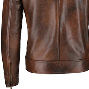 Blouson moto en cuir véritable marron pour homme, col montant, fermeture éclair, manches classiques, coupe-vent, idéal pour l'automne - Product Image 6