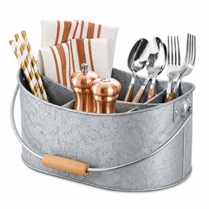 Galvanized Metal Utensil <b>Caddy</b> with Wooden Handle 4 Compartment Farmhouse <b>Kitchen</b> Countertop Organizer for Cutlery - Product Image 1