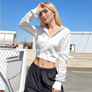 Hoodies courts en gros pour femme, couleur blanche, à fermeture éclair, manches longues, pull-over, pour la gym et le fitness - Product Image 3