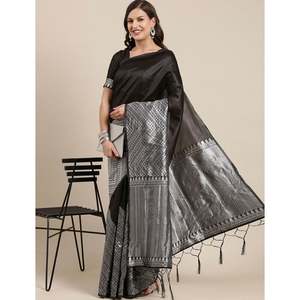 Sari en soie Banarasi de créateur avec blouse non cousue NOIR - Product Image 1