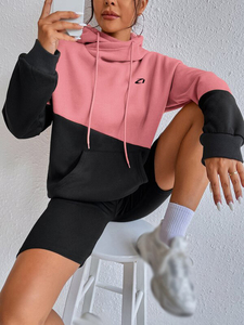 Wholesale Women's Pink Black Color <b>Block</b> Crossover Neck Hoodies Heavy Cotton Fleece Relaxed Fit Pullover Custom Logo Supplier - Product Image 4
