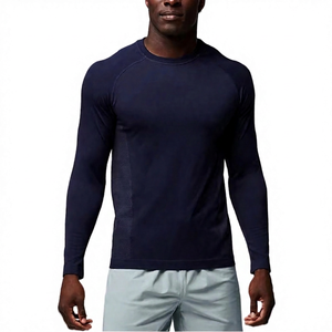 T-shirt de sport à manches longues pour homme, bleu foncé, coupe ajustée, séchage rapide, tricoté, col rond, couleur unie - Product Image 4