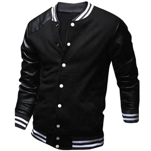 Veste universitaire unisexe noire en toile avec manches en polyester, fermeture éclair, style décontracté, pour le printemps, coupe classique, couleur unie sur le devant - Product Image 1