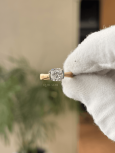 Elegant 18KT gold 3.215 CT <b>cushion</b> solitaire lab grown diamond contemporary half bezel engagement <b>ring</b> for women - Product Image 3