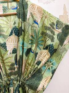 Robe longue décontractée en coton vert à imprimé floral pour femme, col en V, manches chauve-souris, imprimé safari, tenue de vacances, tunique d'été décontractée, coupe classique - Product Image 5