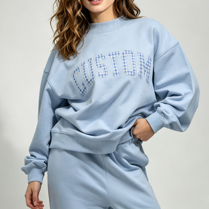 Sudadera Oversize de Algodón Azul Claro para Mujer, Cuello Redondo, Hombros Caídos, Estampado de Letras Personalizado, Transpirable, para Otoño - Product Image 1