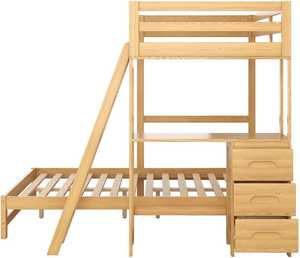 Cama litera doble de madera de pino maciza tradicional con 3 cajones de almacenamiento, escritorio integrado, barandilla y escalera, duradera, para niños y niñas - Product Image 3