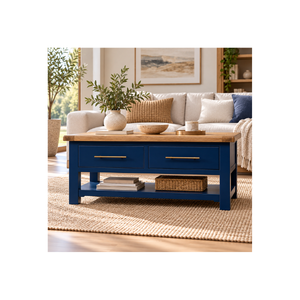 Colección CASCAIS, Mesa de Centro Moderna Rústica Azul Marino con Almacenamiento y Madera de Roble, 2 Cajones, para Muebles de Sala de Estar - Product Image 1