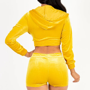 <b>Women</b> Yellow <b>Velvet</b> Hooded Tracksuit Set With Cartoon Logo Zipper Front Shorts Full Sleeve Spring Y2K Style - Product Image 5