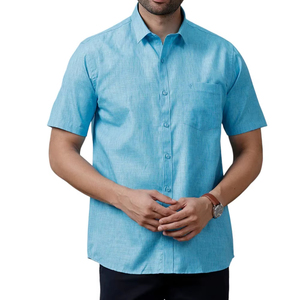 Camisa de Lino de Manga Corta para Hombre, Color Azul Cielo Oscuro, Cuello Clásico, Cierre de un Solo Botón, Camisa de Lino para Hombre, Camisa de Verano para Hombre - Product Image 1