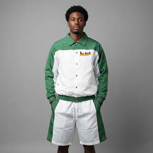 Conjunto de dos piezas de algodón estampado con bloques de color, cortavientos con cordón, estilo urbano, ligero y a la moda. - Product Image 1