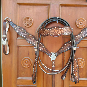 Handcrafted <b>Leather</b> Headstall Breastplate Buck Stitch | Western Horse Bridle Set | <b>Tooled</b> Adjustable Equestrian Tack Set Pro I S - Product Image 1