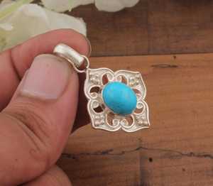 Blue Turquoise Sterling Silver Bezel Setting Vintage Style Ethnic Statement Pendant Children's Women's Unisex Gift - Product Image 1