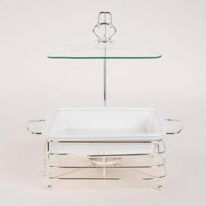 Recipiente para Calentar Comida Tipo Buffet, Rectangular, de Acero Inoxidable, con Tapa de Vidrio Transparente, Patas Cabriolet Plateadas con Acabado Espejo - Product Image 2