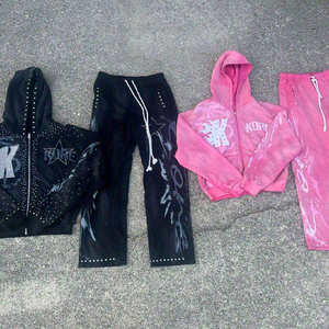 Ensemble de survêtement deux pièces en coton épais délavé style vintage avec fermeture éclair, personnalisable avec logo imprimé et strass pour homme - Product Image 1