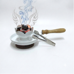 Quemador de incienso de metal personalizado con diseño de loto blanco, mango de madera, para carbón y resina, juego de pinzas para quemador de Bakhoor, al por mayor - Product Image 2